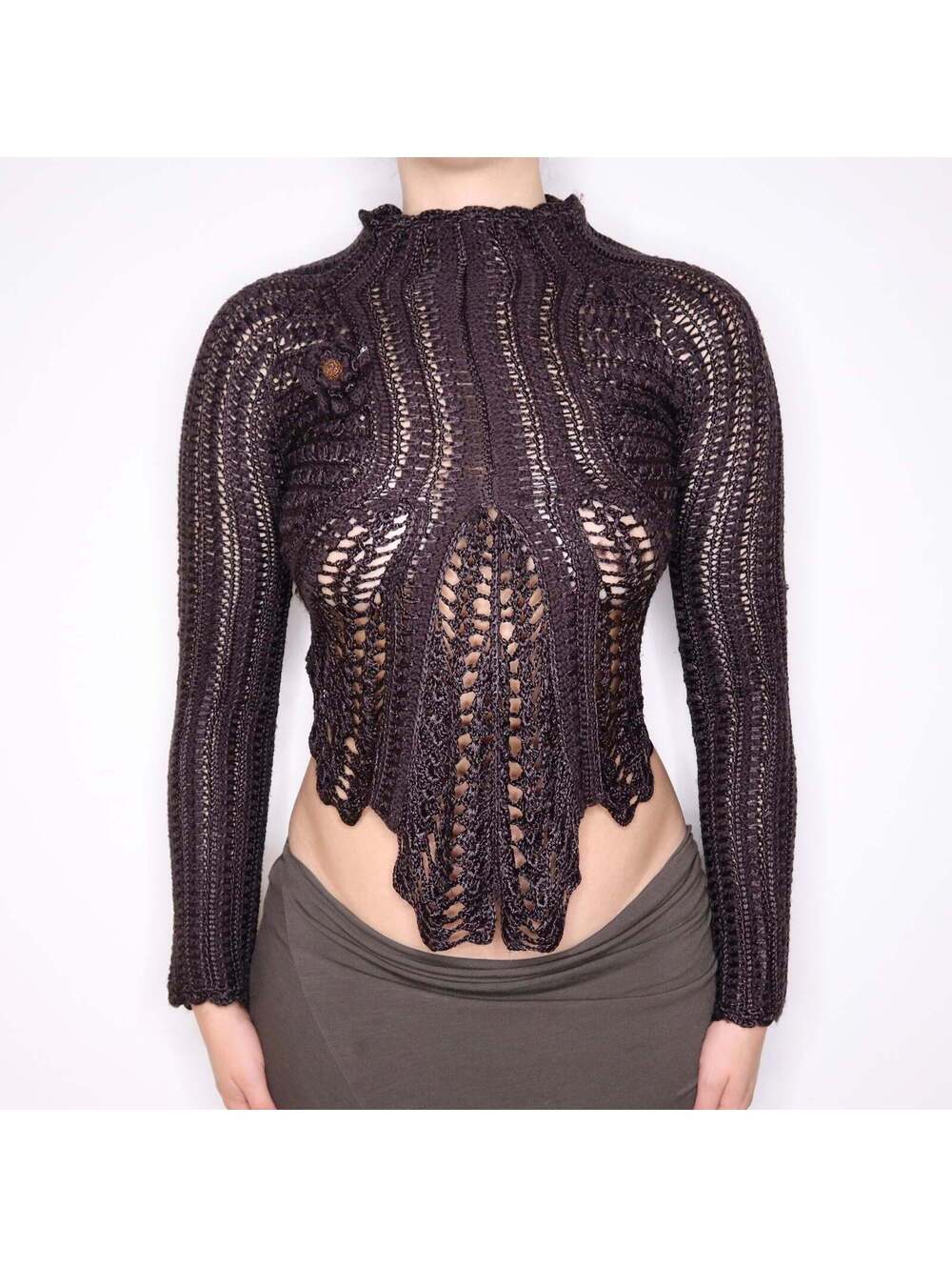 Y2K Dark Brown Crocheted Wool Blend Sweater (XS)